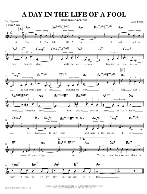 A Day In The Life Of A Fool [lead sheet] – Luiz Bonfá, Carl Sigman