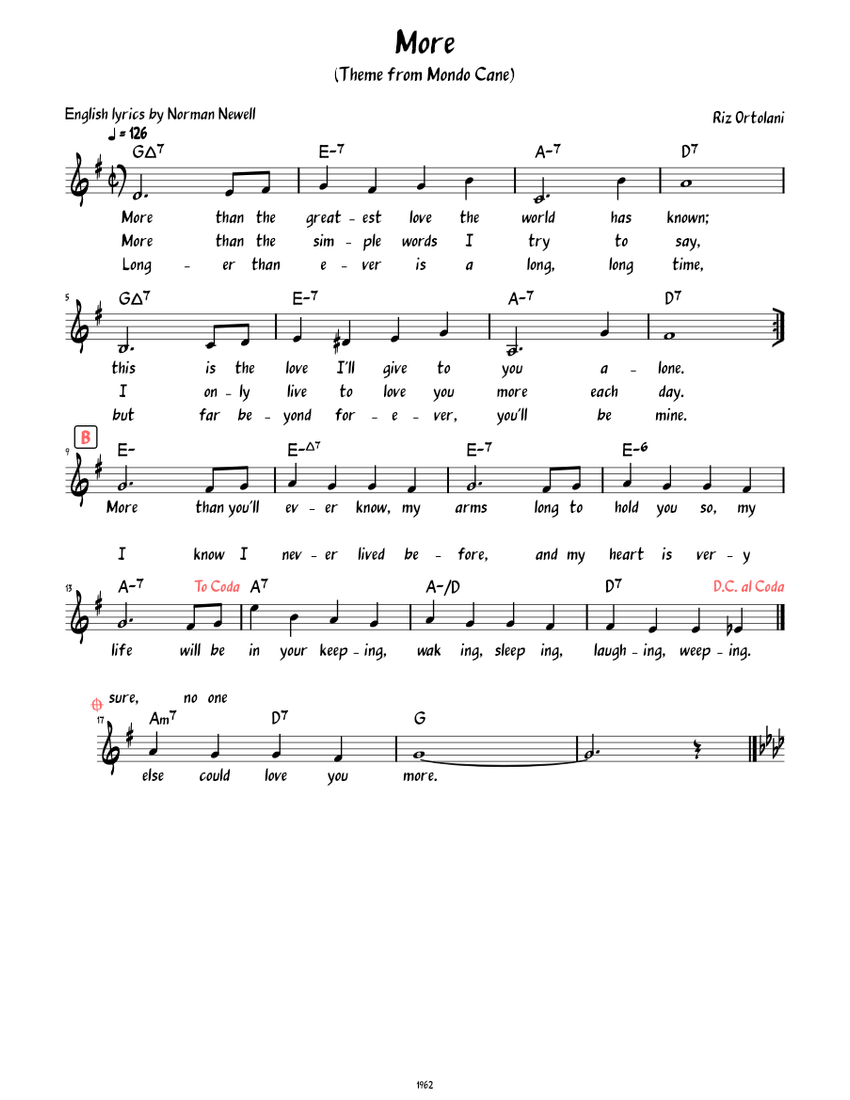 More (Theme from Mondo Cane) (Lead sheet with lyrics ) Sheet music for Piano (Solo) | Musescore.com