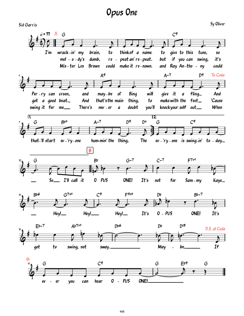 Sample Opus Note Opus One (Lead sheet with lyrics ) Sheet Music with Chords for Piano ...