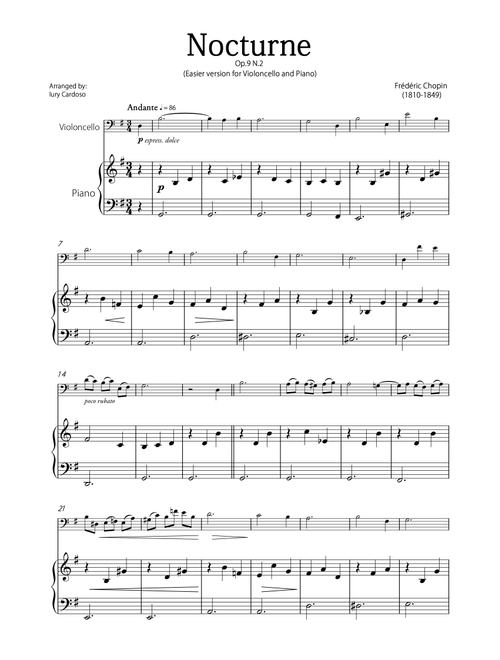 "Nocturne" (Chopin) - Beautiful EASY version for CELLO and PIANO. (Arr. Iury Cardoso) - Frédéric Chopin (Cello and Piano)