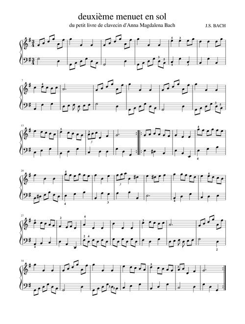  deuxieme menuet en sol, easy piano