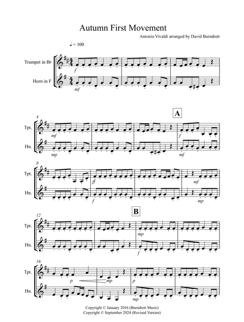 Autumn "Four Seasons" for Trumpet and Horn Duet (Arr. David Burndrett) - Antonio Vivaldi (Instrumental Duet)