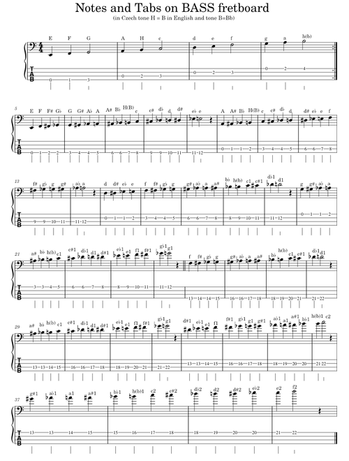 Notes and Tabs on BASS fretboard