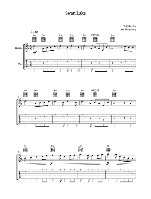 Tchaikovsky - Swan Lake for guitar with tab and chords (Arr. Heisenberg) - Tchaikovsy (Guitar Tab)