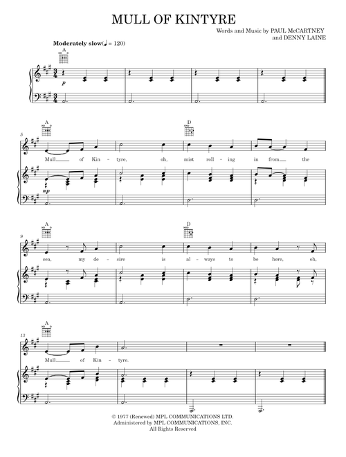 Mull Of Kintyre - Paul McCartney, Paul McCartney & Wings (Piano-Vocal-Guitar)