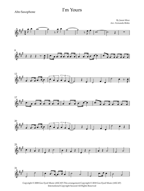 I'm Yours (Arr. Fernando Britto) - Jason Mraz (Alto Sax Solo)