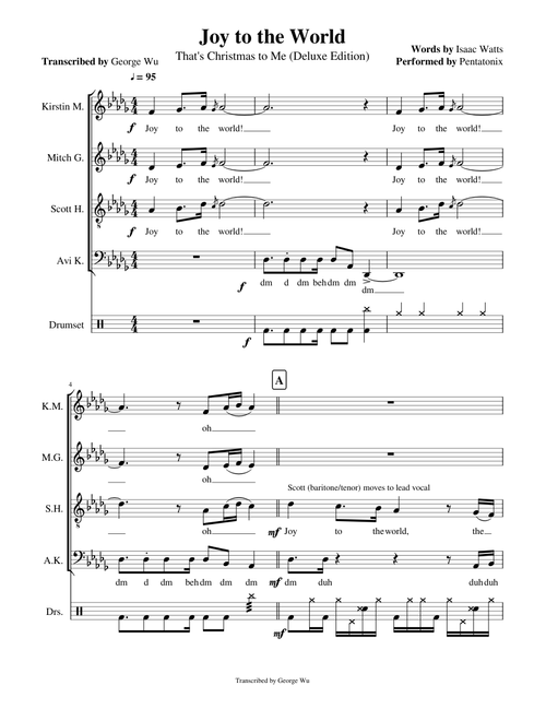 Joy to the World - Pentatonix (Full Sheet Music with Lyrics)
