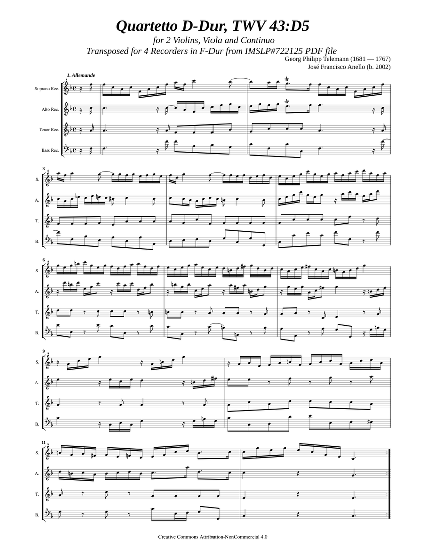 Telemann, G. P. _ Quartet D-Dur, TWV 43:D5 [4 Recorders, F