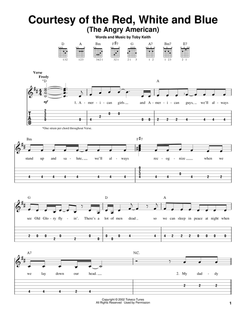 Courtesy Of The Red, White And Blue (The Angry American) - Toby Keith (Easy Guitar with TAB)