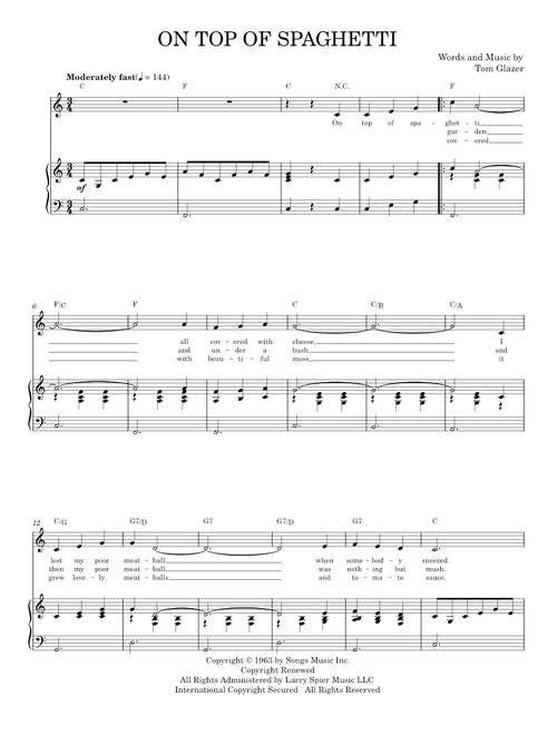 On Top Of Spaghetti - Louise Lerch, Tom Glazer, Tom Glazer and The Do-Re-Mi Children's Chorus (Piano Vocal)