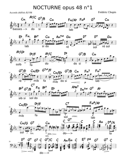 Chopin Nocturne No 13 op. 48 N° 1 version une portée avec accords chiffrés et basses