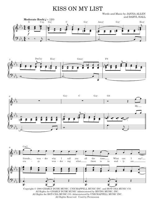 Kiss on my list - Hall & Oates (Piano-Vocal-Guitar)