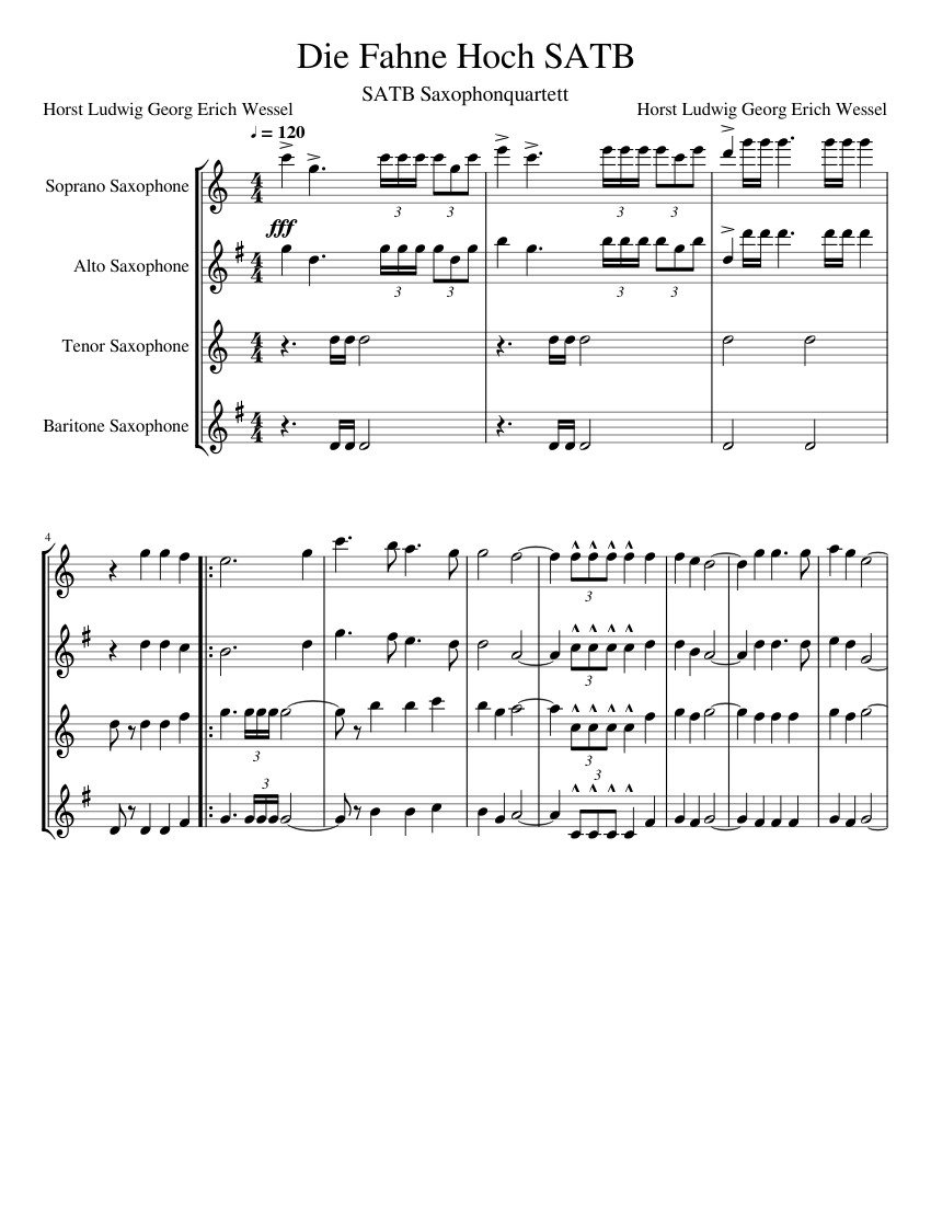 Die Fahne Hoch SATB Sheet Music for Saxophone alto, Saxophone tenor, Saxophone  baritone, Saxophone soprano (Woodwind Quartet) | MuseScore.com, image size:850x1100