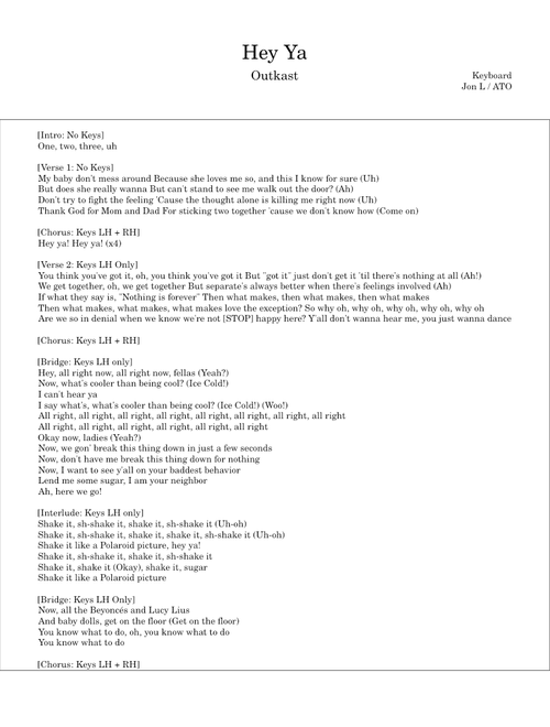 Hey Ya! – OutKast (Keyboard Lead Sheet)