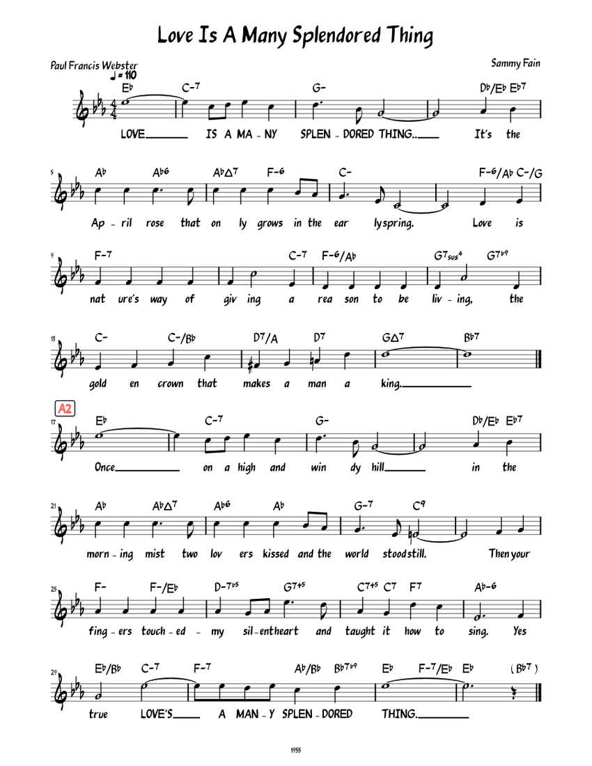 Love Is A Many Splendored Thing (Lead sheet with lyrics ) Sheet music