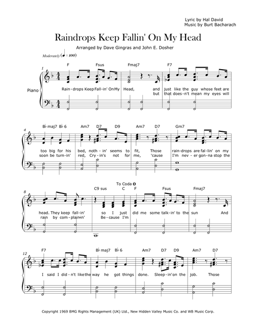 Raindrops Keep Fallin' On My Head (Arr. Dave Gingras, John E. Dosher) - B.J. Thomas (Piano Vocal)