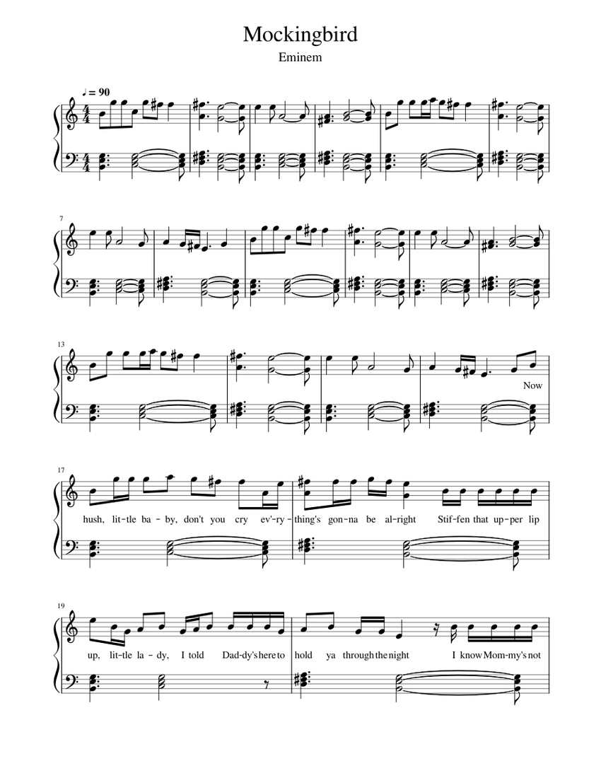 Mockingbird Eminem Piano Solo With Lyrics Sheet Music For Piano Solo 