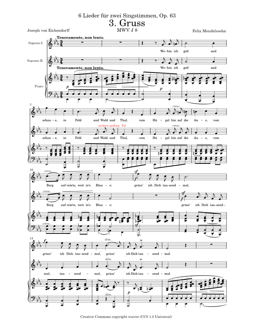 Mendelssohn, Felix - Gruss - 6 Duette, op. 63, No. 3 Sheet Music