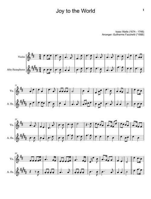 Joy to the World Violin and A. Sax. (Arr. Guilherme Facchetti) - Isaac Watts (Instrumental Duet)