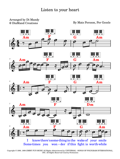 Listen To Your Heart (Arr. Dianne Mandy) - Roxette (Lead Sheet - Fake Book)