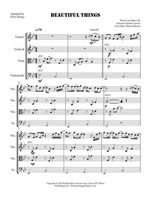 Beautiful Things (Arr. GTA Strings) - Benson Boone (String Quartet)