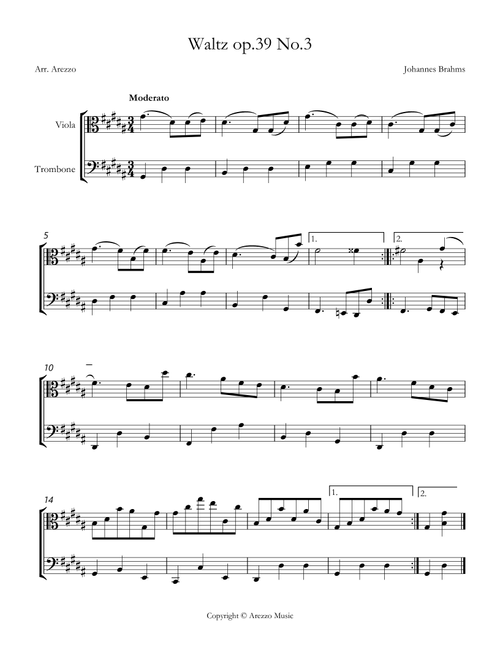 brahms waltz op 39 no 3 Viola and Trombone sheet music (Arr. Arezzo Music) - Johannes Brahms (Instrumental Duet)