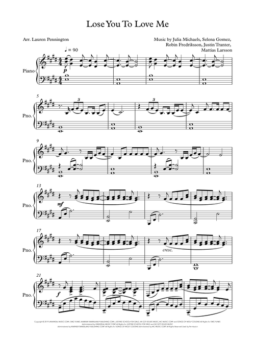 Lose You To Love Me (Arr. Lauren Pennington) - Selena Gomez (Piano Solo)