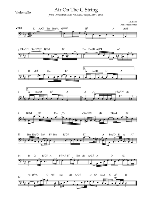 Air On The G String (J.S. Bach) for Cello Solo with Chords (Arr. Fabio Britto) - JS Bach (Cello Solo)