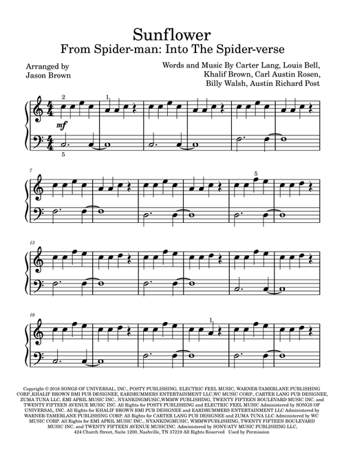 Sunflower (Arr. Jason Brown) - Post Malone & Swae Lee (Easy Piano)