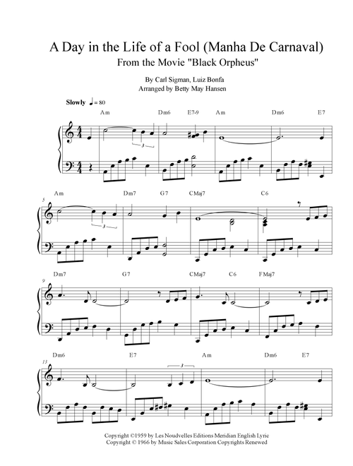 A Day In The Life Of A Fool (manha De Carnaval) (Arr. Betty May Hansen) - Luiz Bonfa (Piano Vocal)