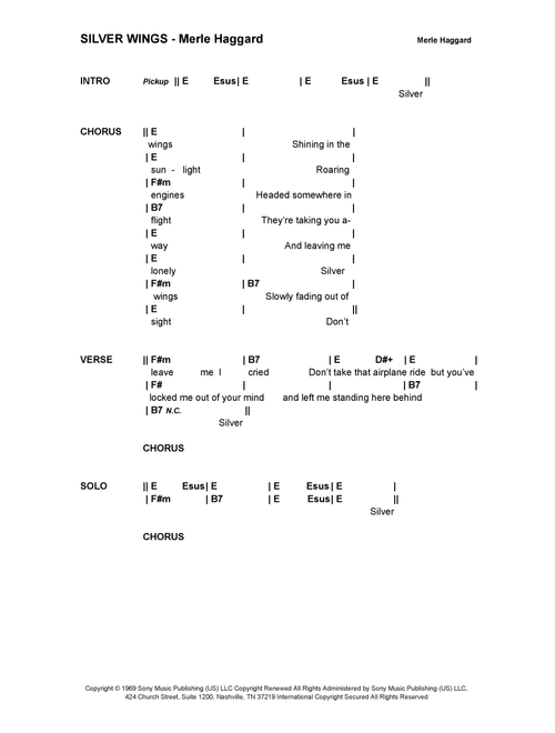 Silver Wings (Arr. Bronson Ferdinand Wright) - Merle Haggard (Guitar Chords-Lyrics)
