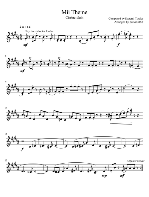 Mii Theme for Clarinet