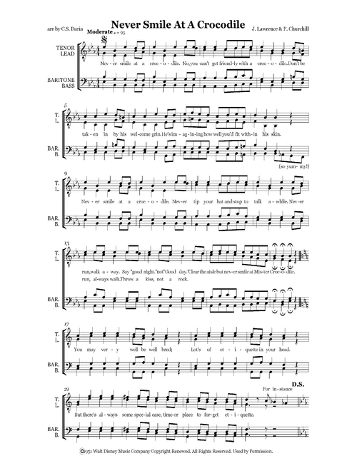 Never Smile At A Crocodile (Arr. C.S. Daria) - Jack Lawrence, Frank Churchill (Choral, TTBB)