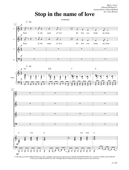 Stop! In The Name Of Love (Arr. Jetse Bremer) - The Supremes (Choral, SATB)