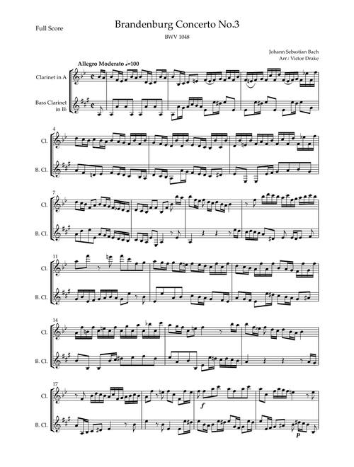 Brandenburg Concerto No. 3 in G major, BWV 1048 1st Mov. (J.S. Bach) for Clarinet Duo (Arr. Victor Drake) - Joahann Sebastian Bach (Clarinet Duet)