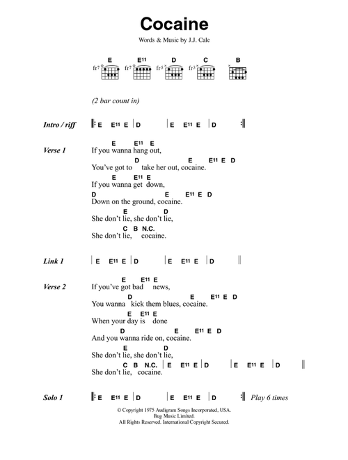 Cocaine - Eric Clapton (Guitar Chords-Lyrics)