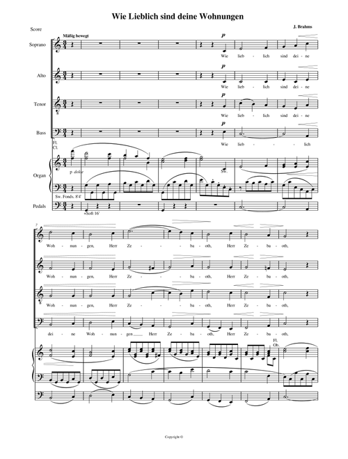 Wie lieblich sind deine Wohnungen (How lovely is Thy dwelling place) in C for choir and organ (Arr. David Warin Solomons) - Johannes Brahms (Choral, SATB)