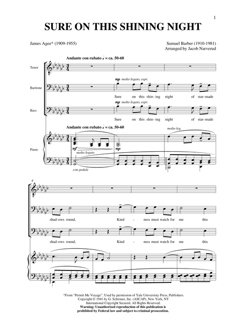 Sure On This Shining Night (Arr. Jacob Narverud) - Samuel Barber, James Agee (Choral, TBB)