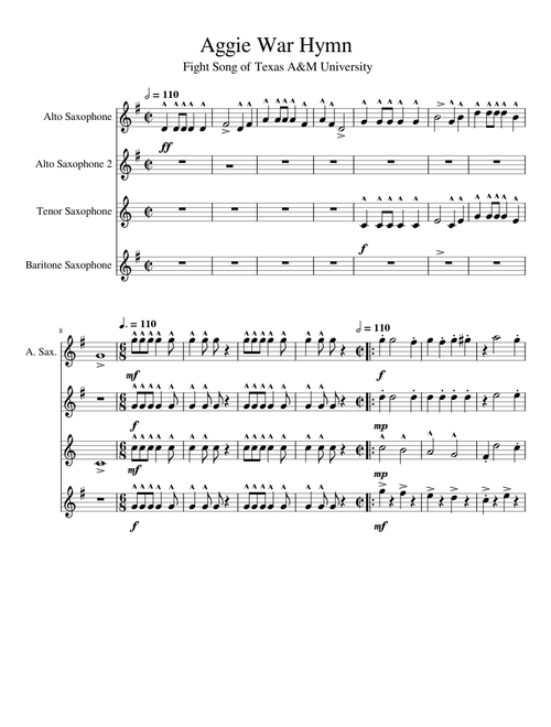 Texas A&M Aggie War Hymn – The Hit Company Texas A&M Aggie War Hymn AATB Sax Quartet