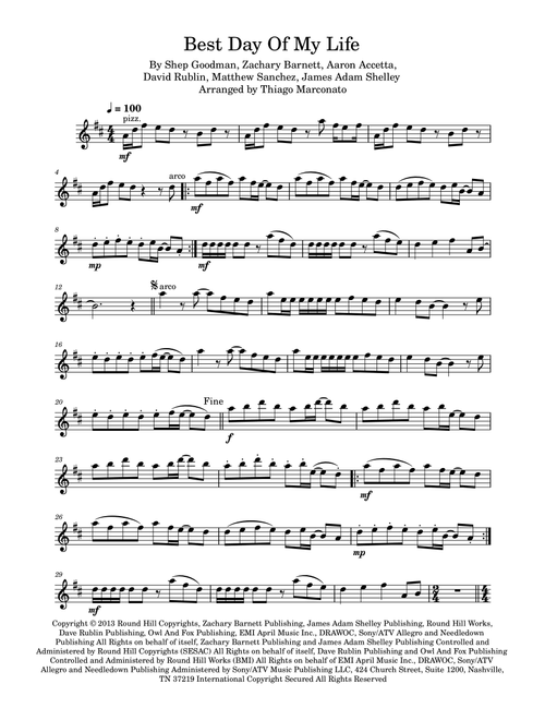 Best Day Of My Life (Arr. Thiago Marconato) - American Authors (Violin Solo)