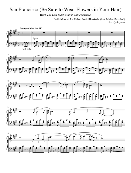 San Francisco (Be Sure to Wear Flowers in Your Hair) | The Last Black Man in San Francisco | Piano Sheet Music