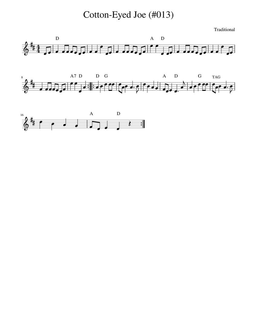 Traditional music CottonEyed Joe (013) Sheet music for Piano (Solo