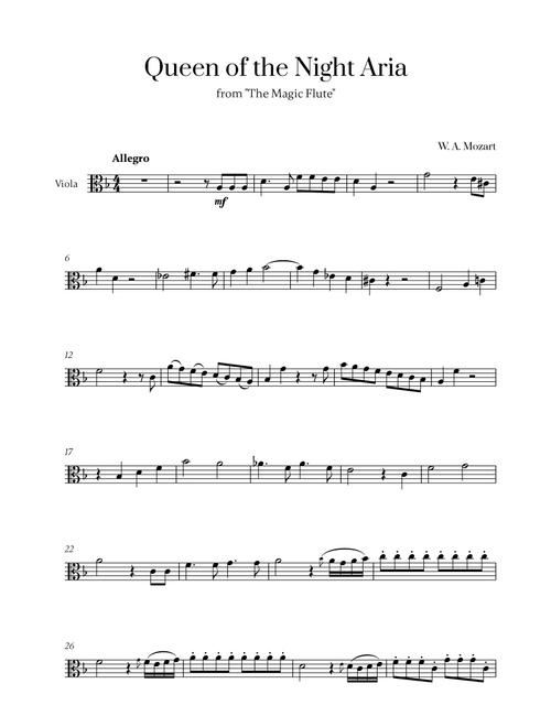 W. A. Mozart - Queen of the Night Aria for Viola Solo (Arr. Cadenza Editions) - W A Mozart (Viola Solo)