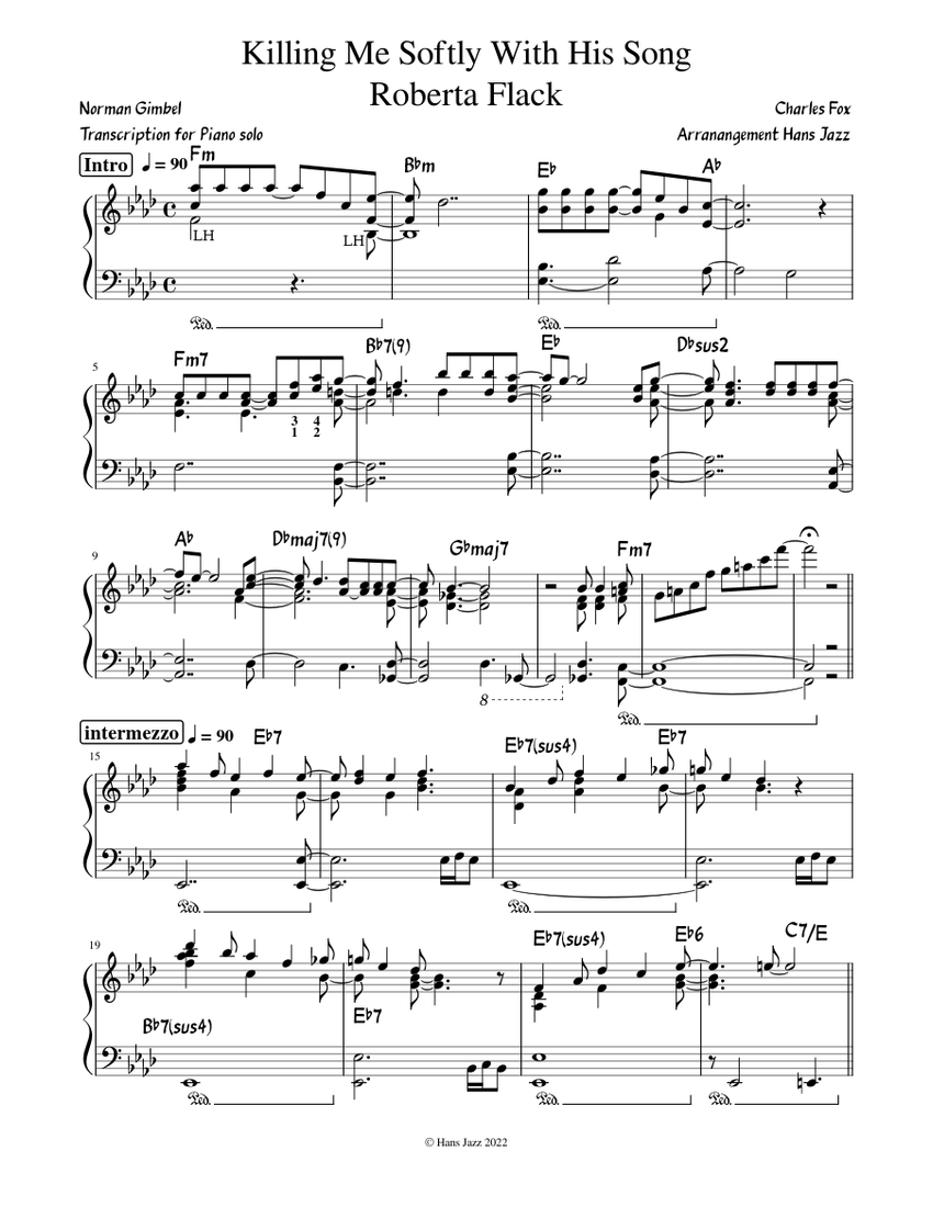 Killing me softly with his song – Roberta Flack (Piano solo) Sheet