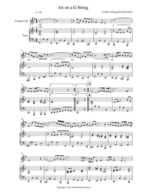Air On A G String for Trumpet And Piano (Arr. David Burndrett) - JS Bach (Instrumental Duet)
