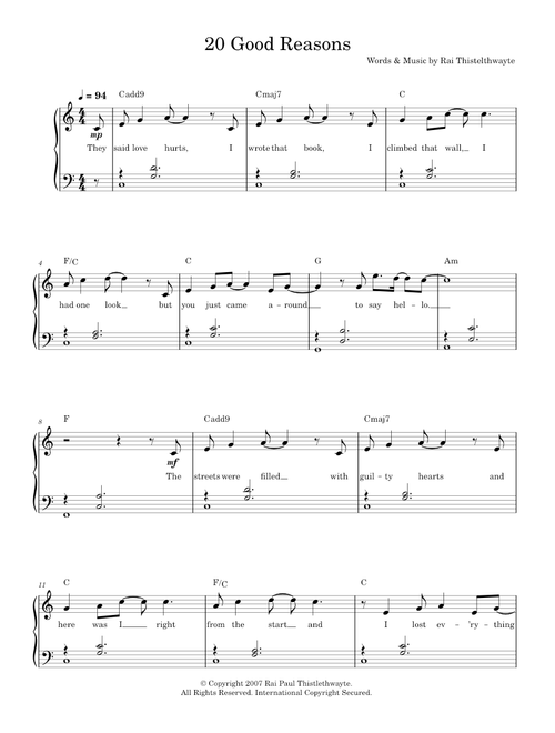 20 good reasons - Thirsty Merc (Easy Piano)