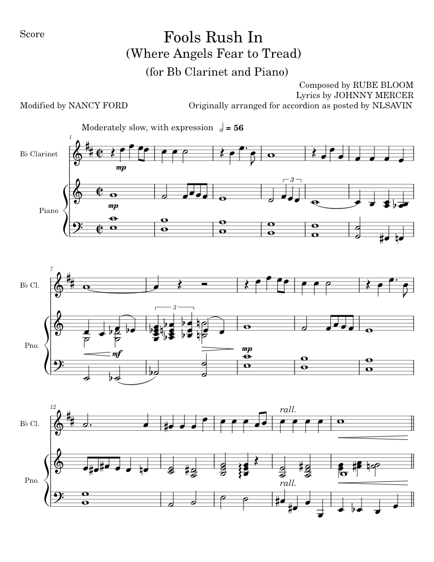 Fools Rush In Johnny Mercer and Rube Bloom (Bb and Piano