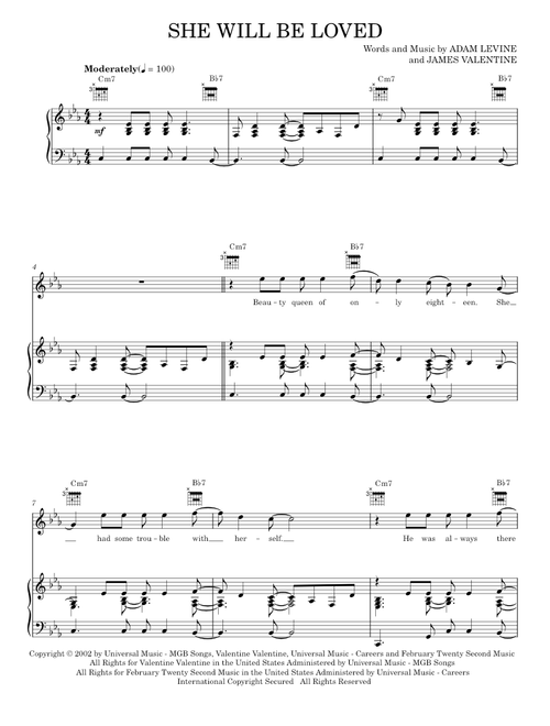 She Will Be Loved - Maroon 5, The Last Song Movie (Piano-Vocal-Guitar)