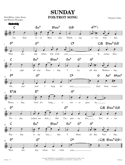 Sunday [lead sheet] – Chester Cohn, Jules Stein, Ned Miller, Bennie Krueger