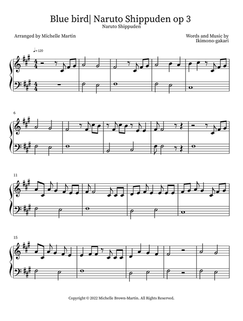 Blue bird| Naruto Shippuden op 3 (Arr. Michelle Martin) - Ikimono-gakari (Piano Solo)
